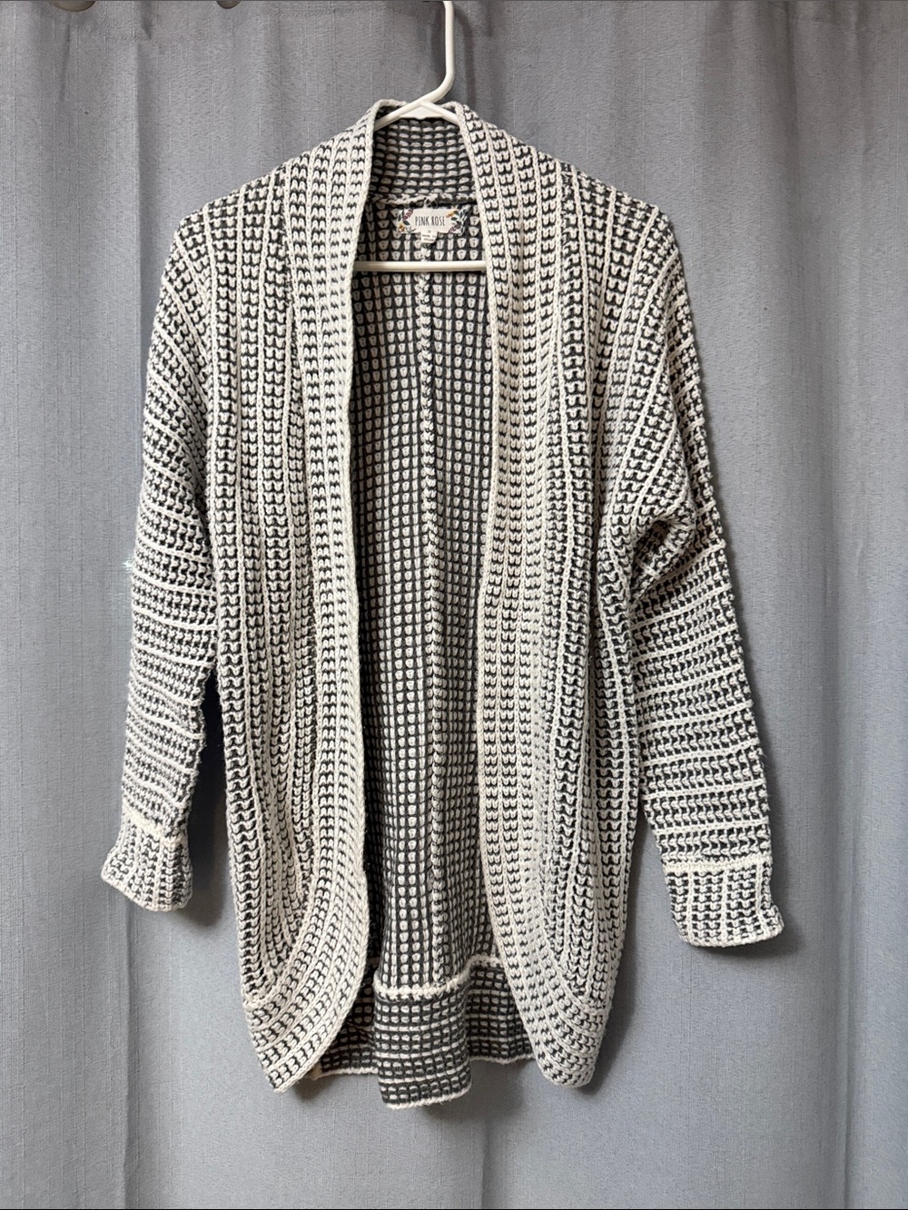 Pink Rose Black & Cream Open-Front Waffle Knit Cardigan